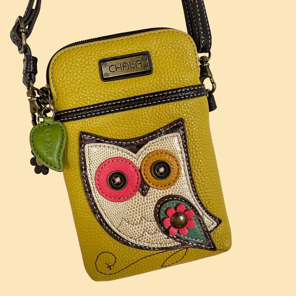 CHALA Crossbody Cell Phone Gold Vegan Pebbled Leather Bag Wide Eyed Owl - Picture 9 of 14